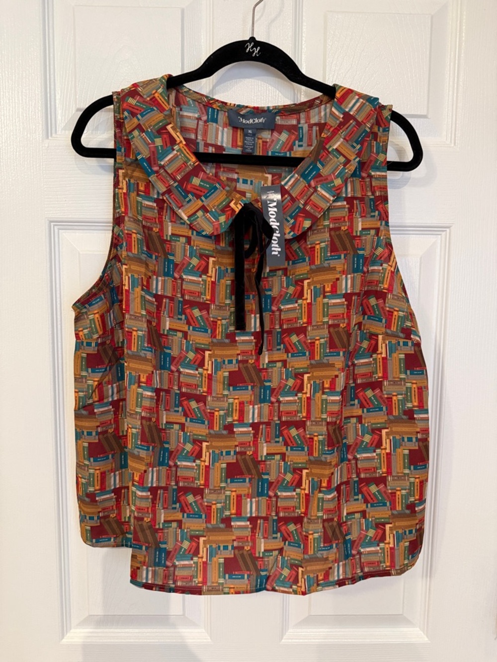 NWT Modcloth Multicolor Book-Print Sleeveless Camisole with Tie Collar
